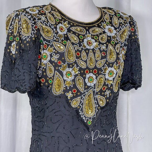 Laurence Kazar Vintage 80s Silk Bead-Sequin Dress Black - Picture 4 of 14